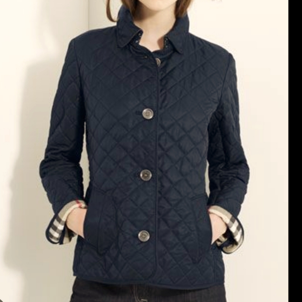 Burberry Quilted Navy "Copford" Button Down Jacket with Half Back Belt